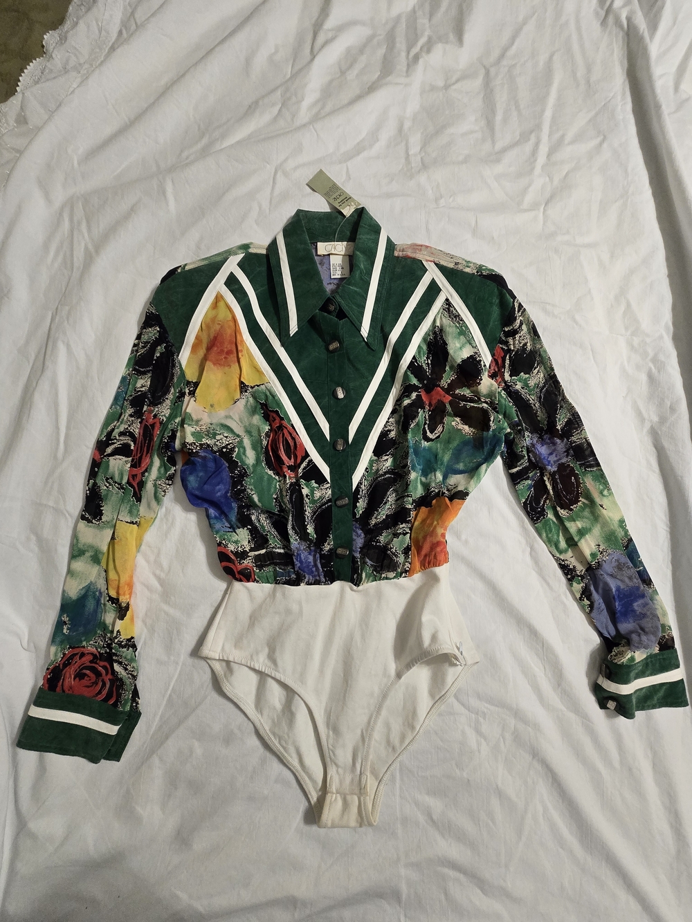 NWT Women's Vintage Caché Green Print Long Sleeve Bodysuit- Small